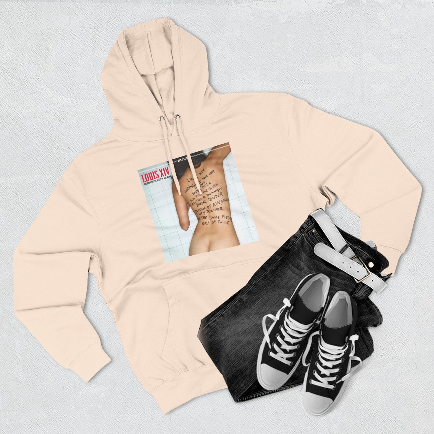 Three-Panel Fleece Hoodie — Retro Album Cover Back Tattoo Graphic Hoodie