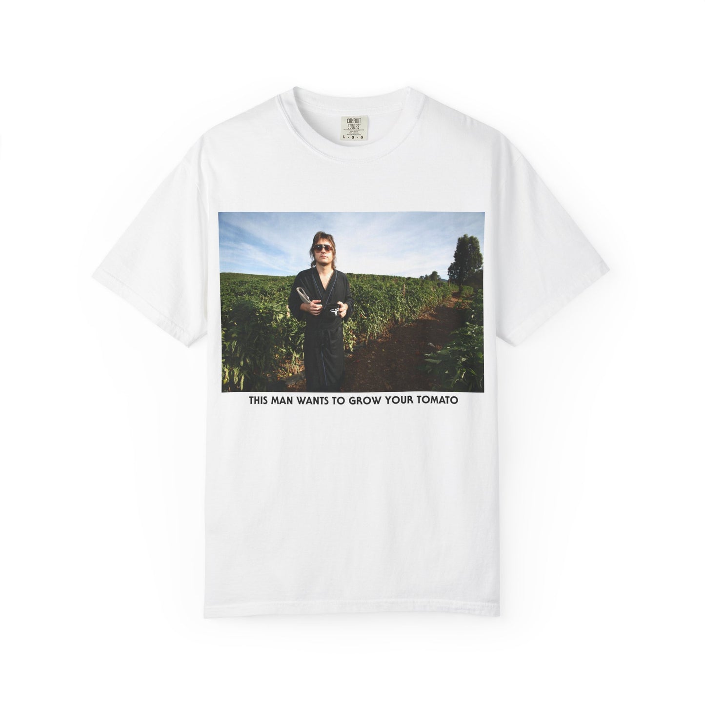THIS MAN WANTS TO GROW YOUR TOMATO softstyle vintage softT‑Shirt — Scenic Portrait Tee with Caption