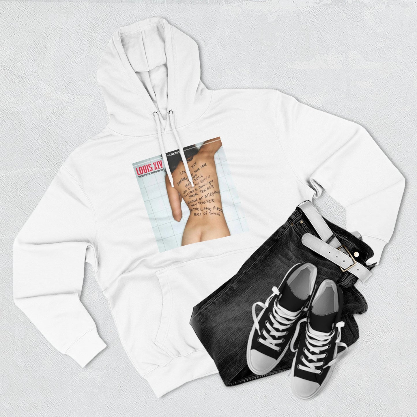 Three-Panel Fleece Hoodie — Retro Album Cover Back Tattoo Graphic Hoodie