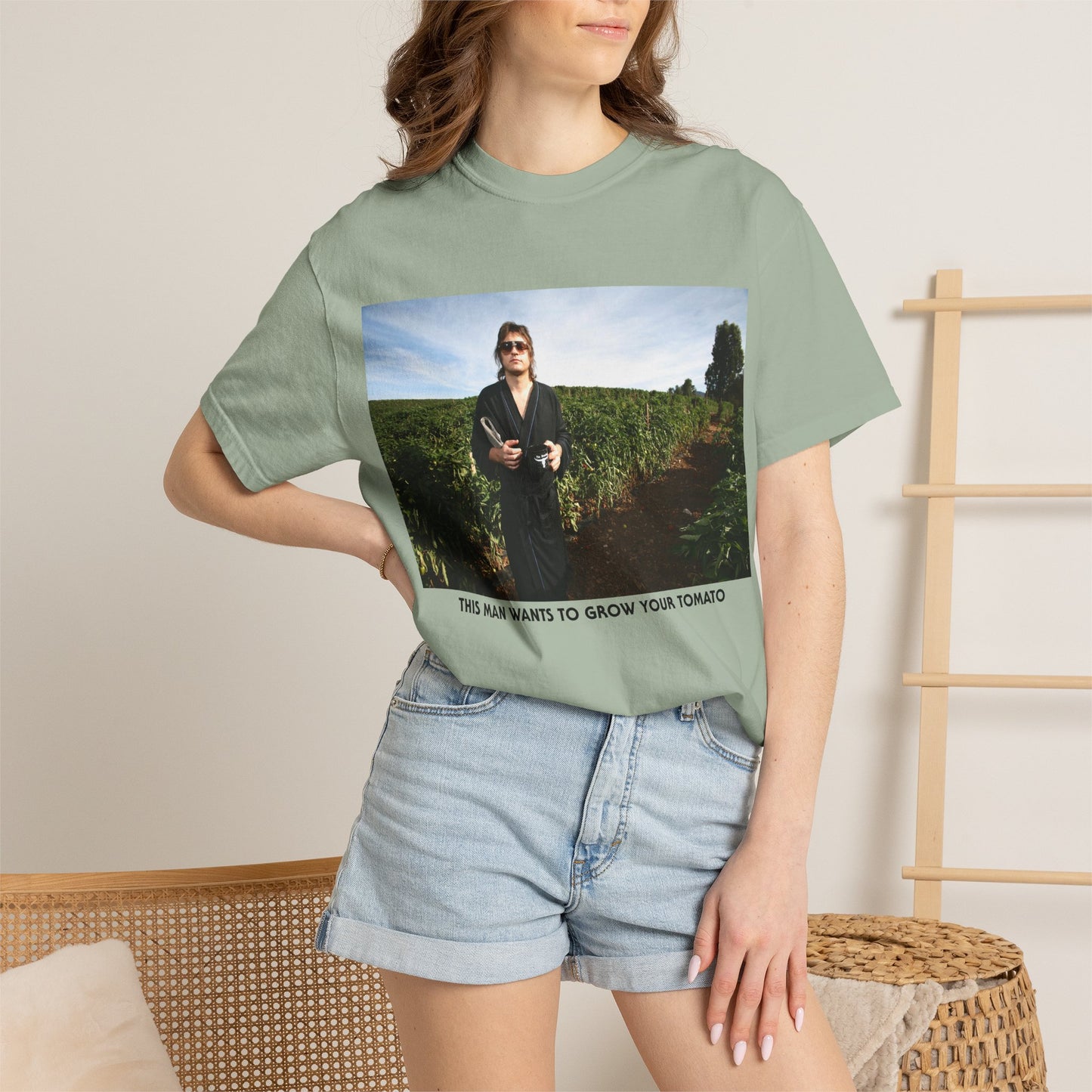 THIS MAN WANTS TO GROW YOUR TOMATO softstyle vintage softT‑Shirt — Scenic Portrait Tee with Caption