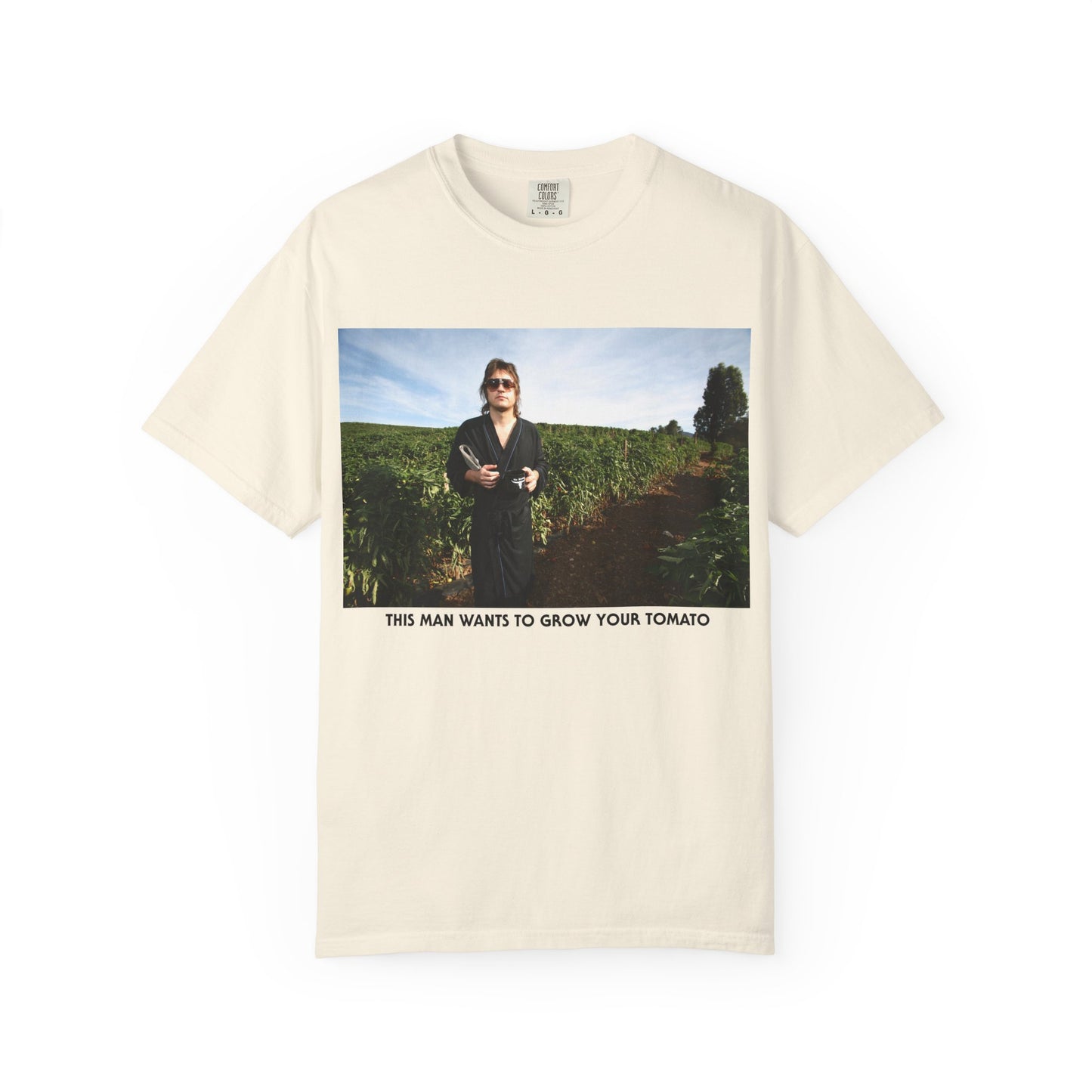 THIS MAN WANTS TO GROW YOUR TOMATO softstyle vintage softT‑Shirt — Scenic Portrait Tee with Caption