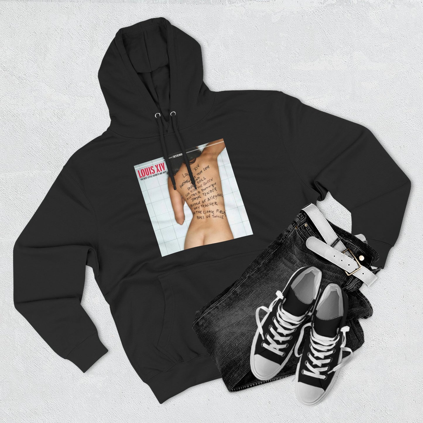 Three-Panel Fleece Hoodie — Retro Album Cover Back Tattoo Graphic Hoodie