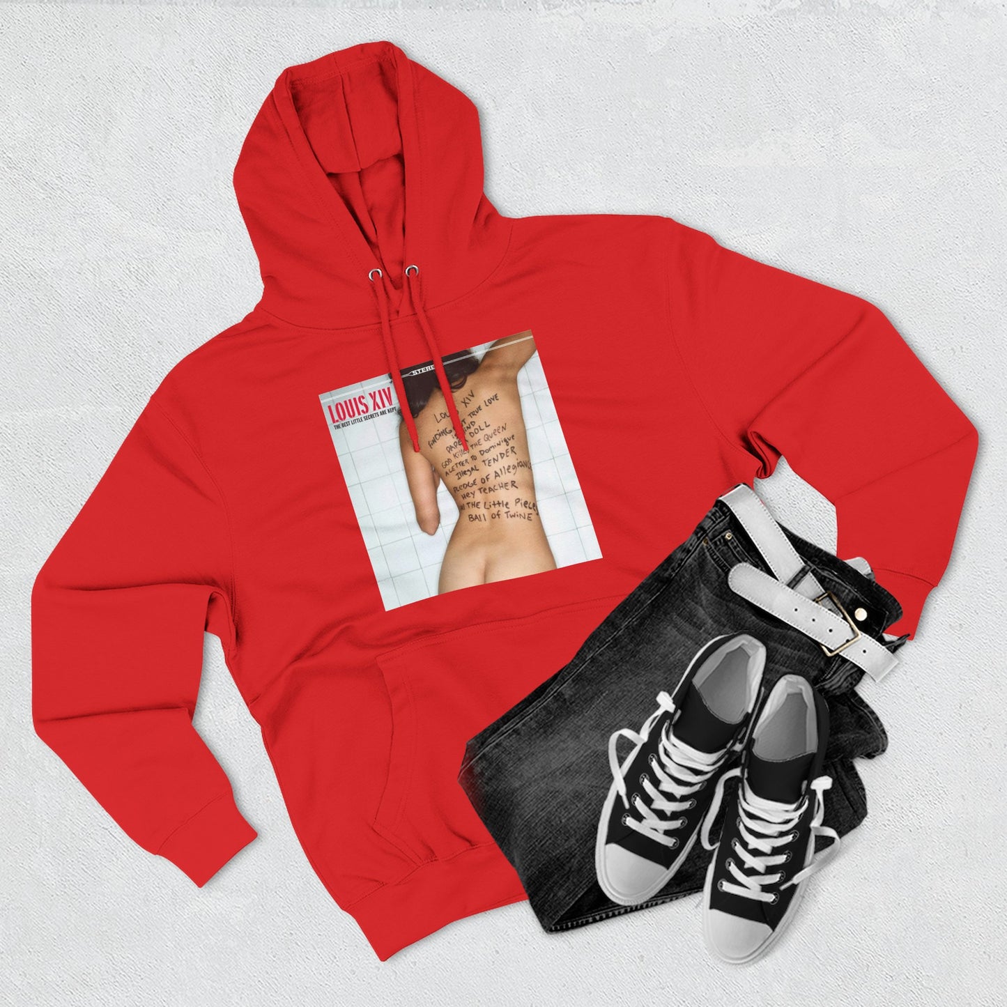 Three-Panel Fleece Hoodie — Retro Album Cover Back Tattoo Graphic Hoodie