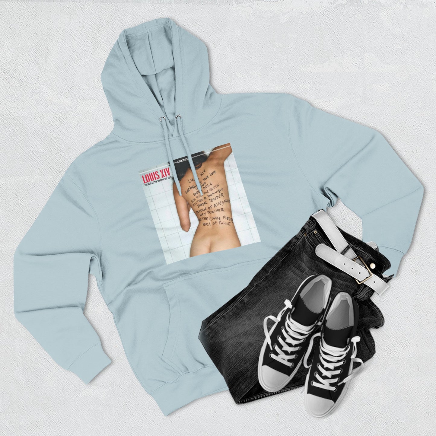 Three-Panel Fleece Hoodie — Retro Album Cover Back Tattoo Graphic Hoodie